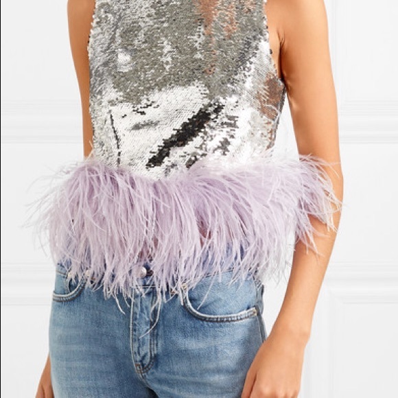 Sequined Silver Tank Top with Lavender Feather Hem - Picture 3 of 3